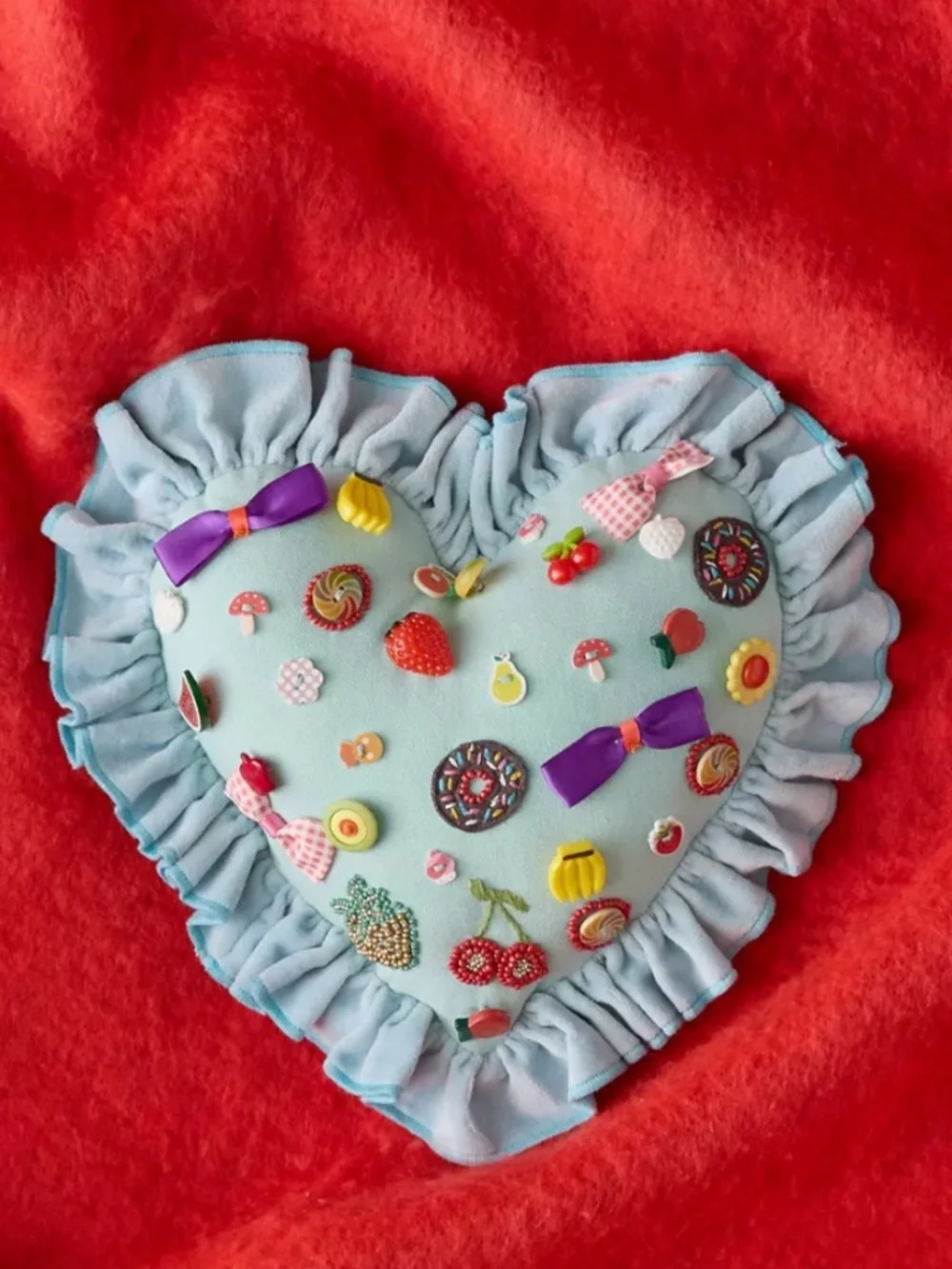 Beaded Heart Ruffle Throw Pillow